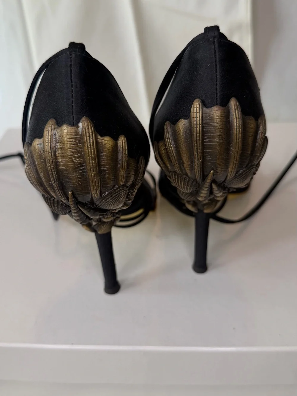 Roberto Cavalli Black Lace-Up Stiletto Heels with Gold Accent